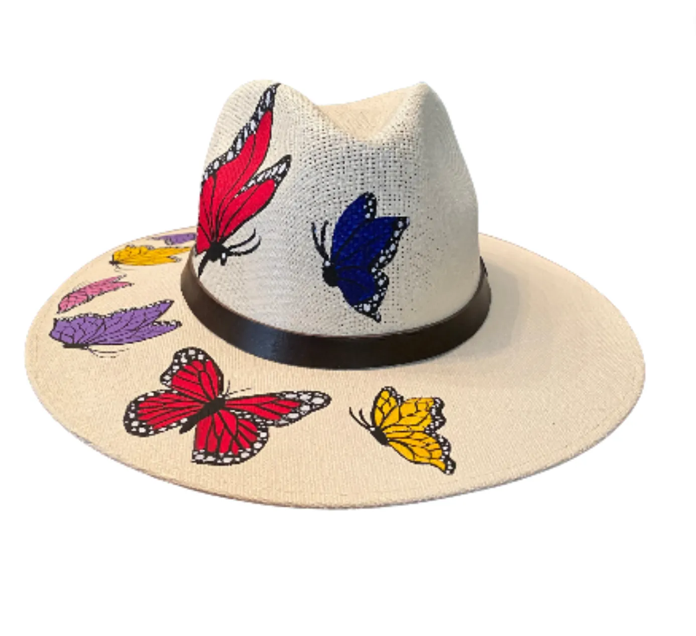 Hand-painted Hat from Mexico - Butterflies - White, Multicolor