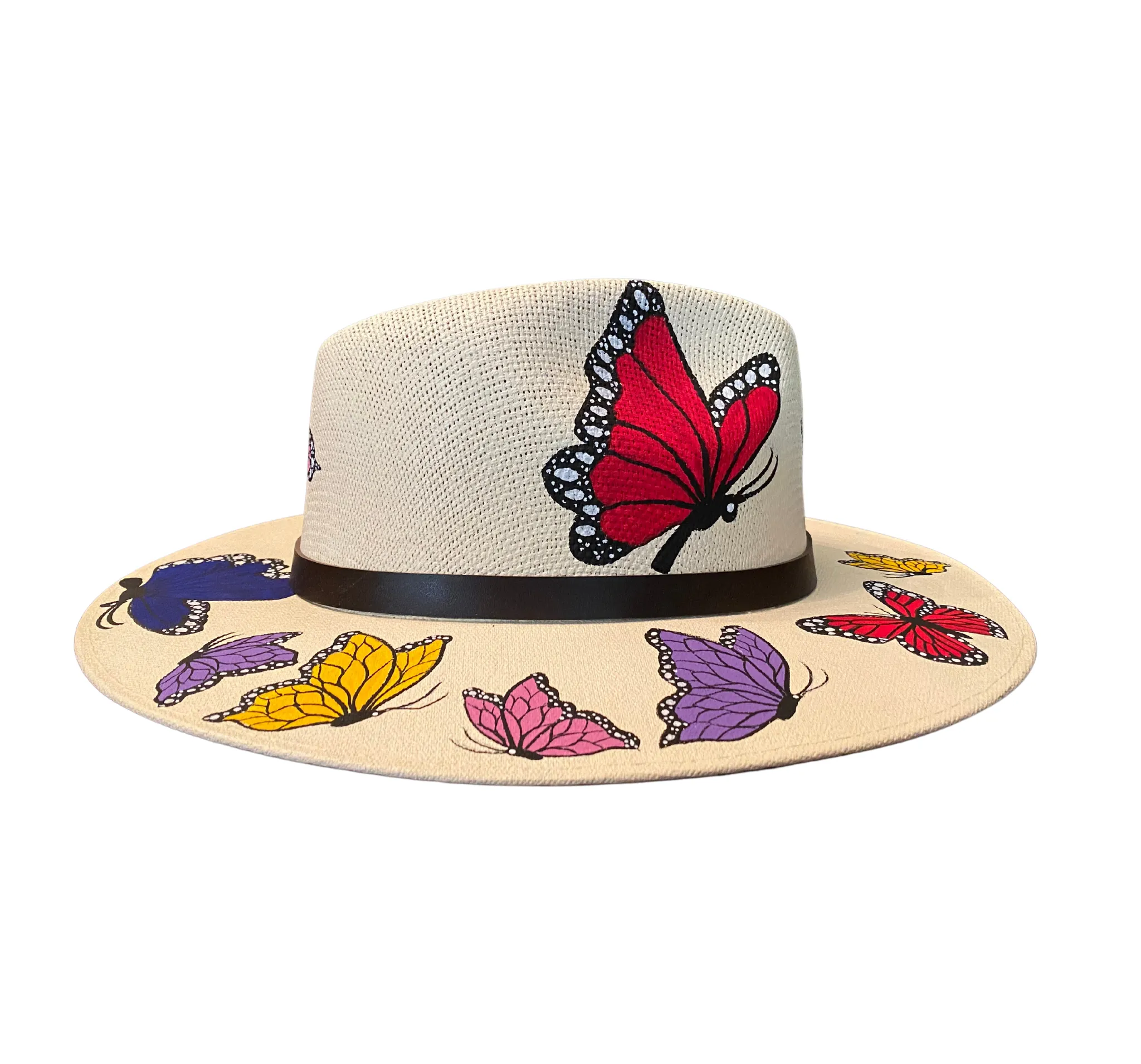 Hand-painted Hat from Mexico - Butterflies - White, Multicolor