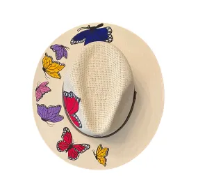 Hand-painted Hat from Mexico - Butterflies - White, Multicolor