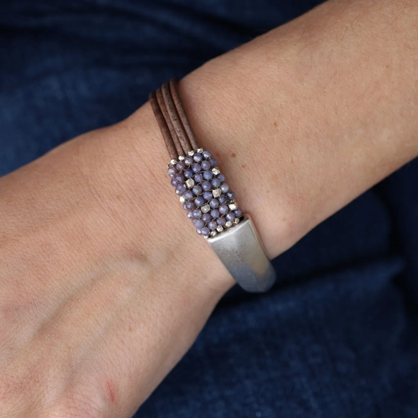 Hand Stitched Coated Moonstone & Silver Nugget 1/2 Cuff