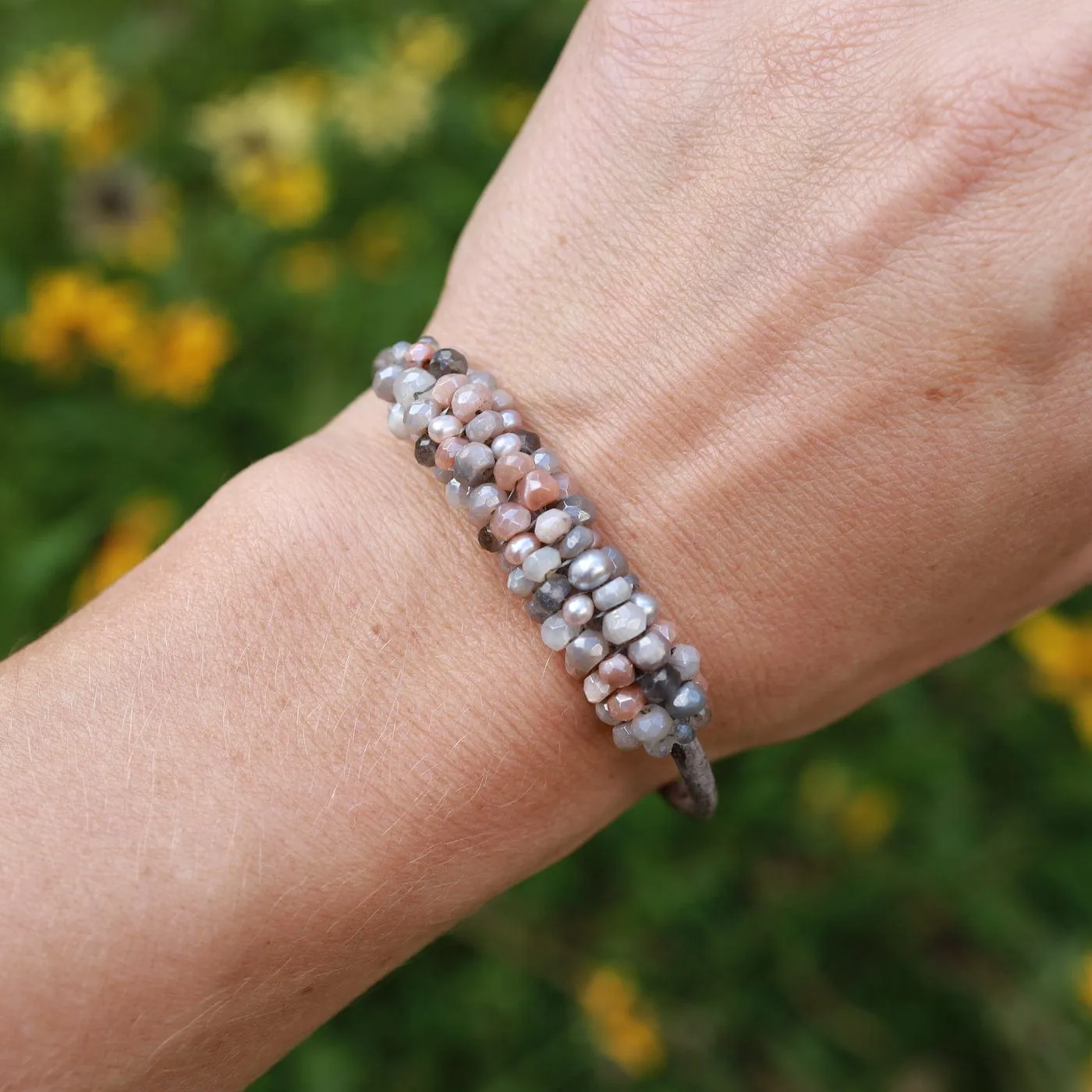 Hand Stitched Coated Peach Moonstone and Labradorite Mix Bracelet