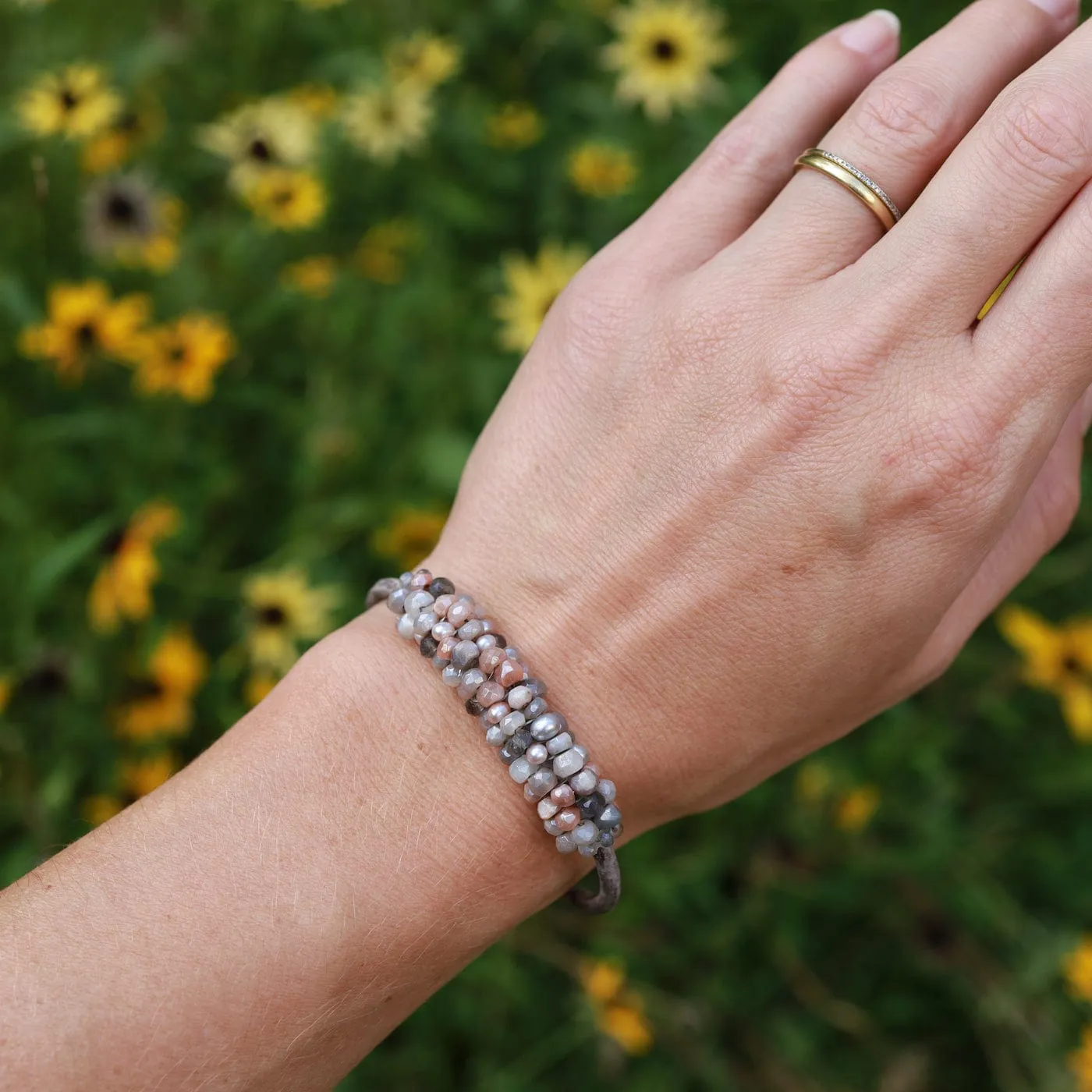 Hand Stitched Coated Peach Moonstone and Labradorite Mix Bracelet