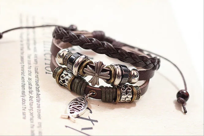 Handmade Fish Jesus Charm Genuine Leather Adjustable Bracelet Wristband Jewelry Valentine's Day Gift Men Women bracelet