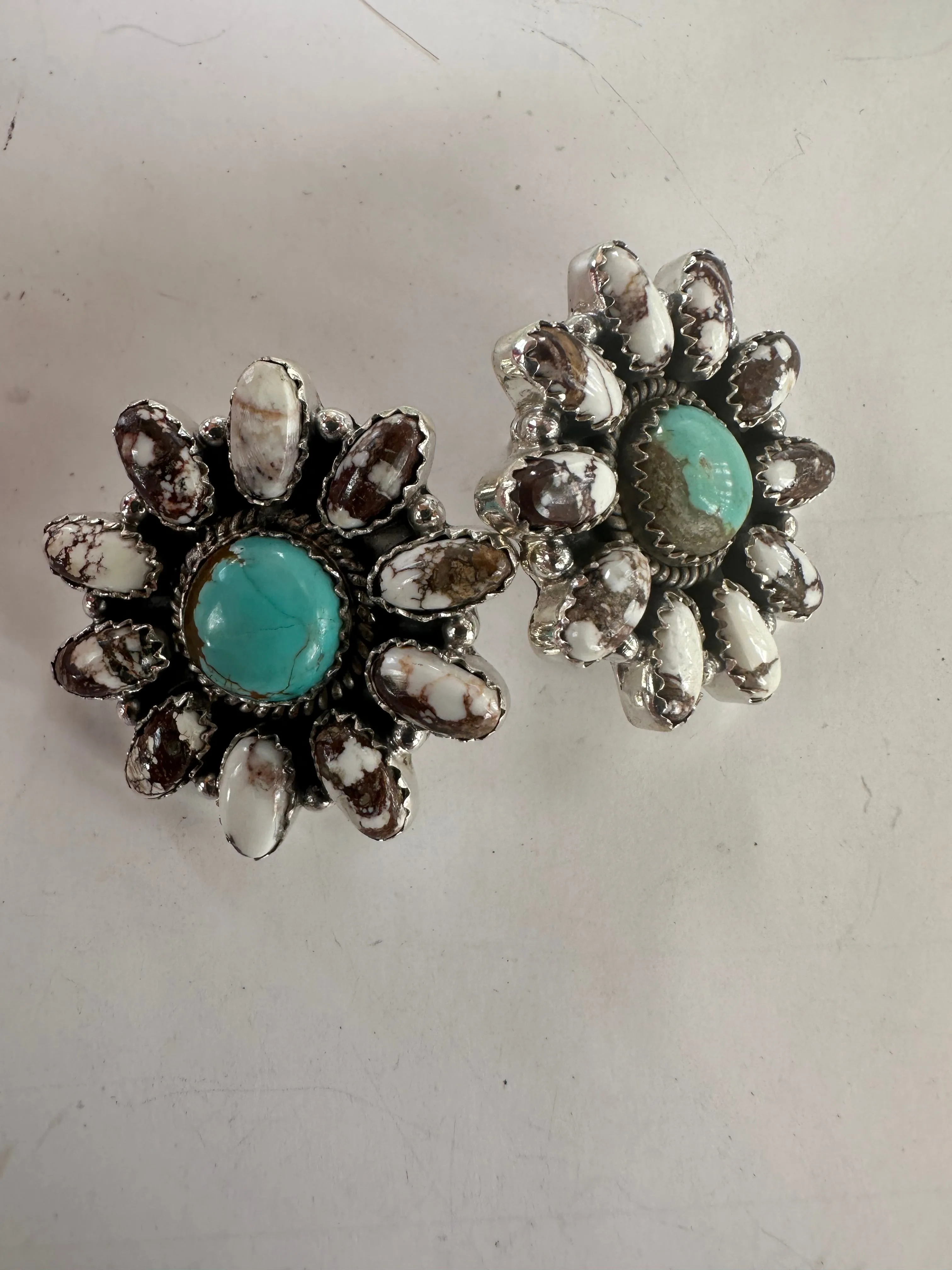 Handmade Flower Sterling Silver, Wild Horse, Number 8 Turquoise Cluster Post Earrings Signed Nizhoni