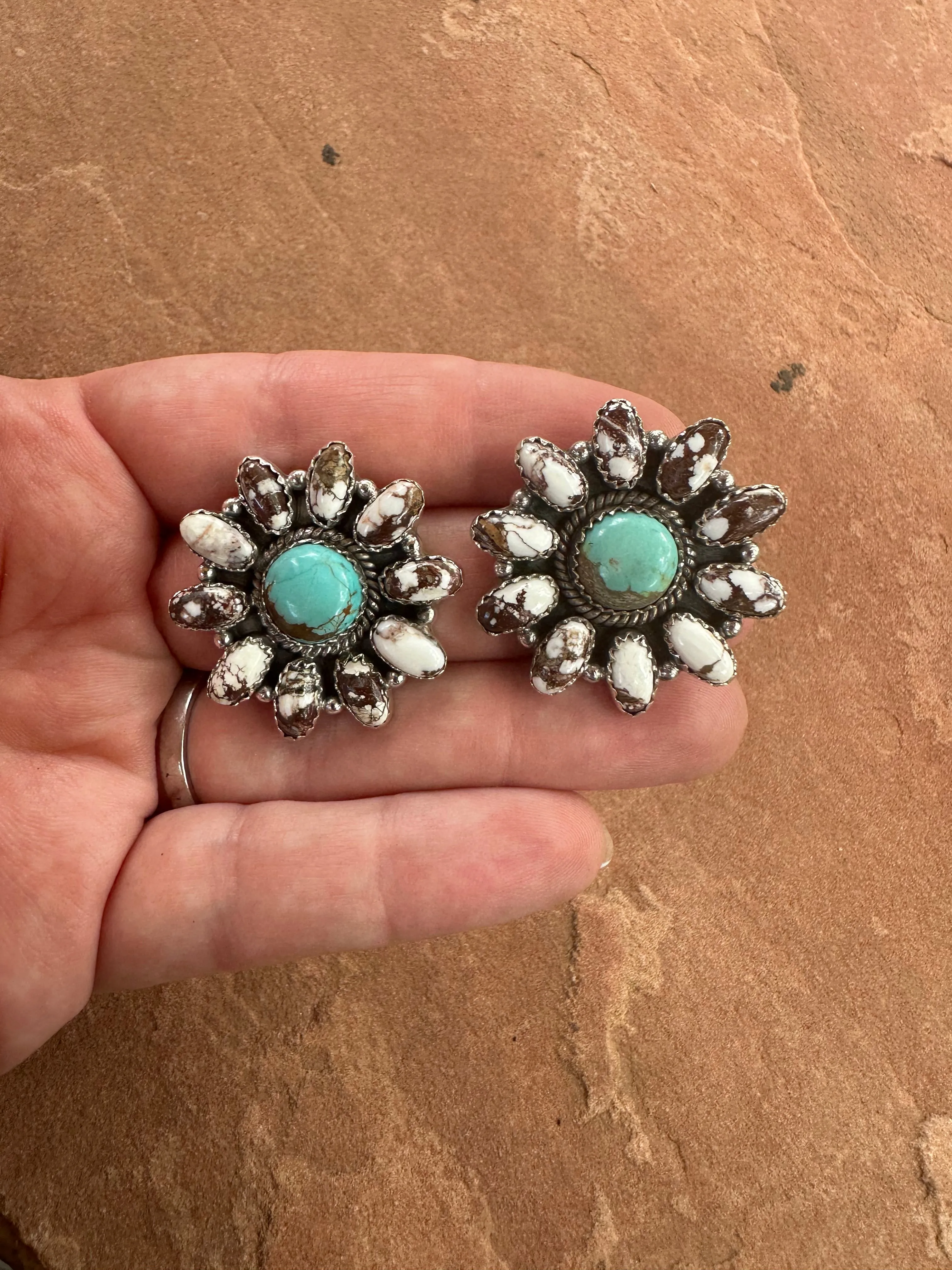 Handmade Flower Sterling Silver, Wild Horse, Number 8 Turquoise Cluster Post Earrings Signed Nizhoni