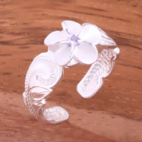 Hawaiian Scroll 8mm Plumeria with Purple CZ Cut Out Edge Toe Ring