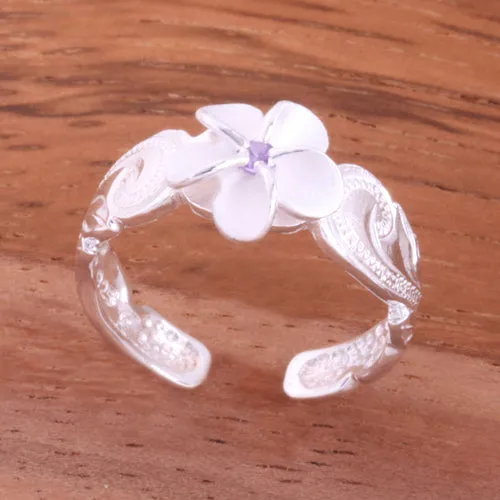 Hawaiian Scroll 8mm Plumeria with Purple CZ Cut Out Edge Toe Ring