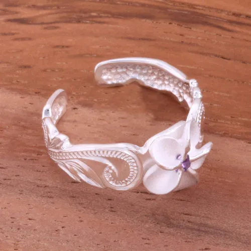 Hawaiian Scroll 8mm Plumeria with Purple CZ Cut Out Edge Toe Ring