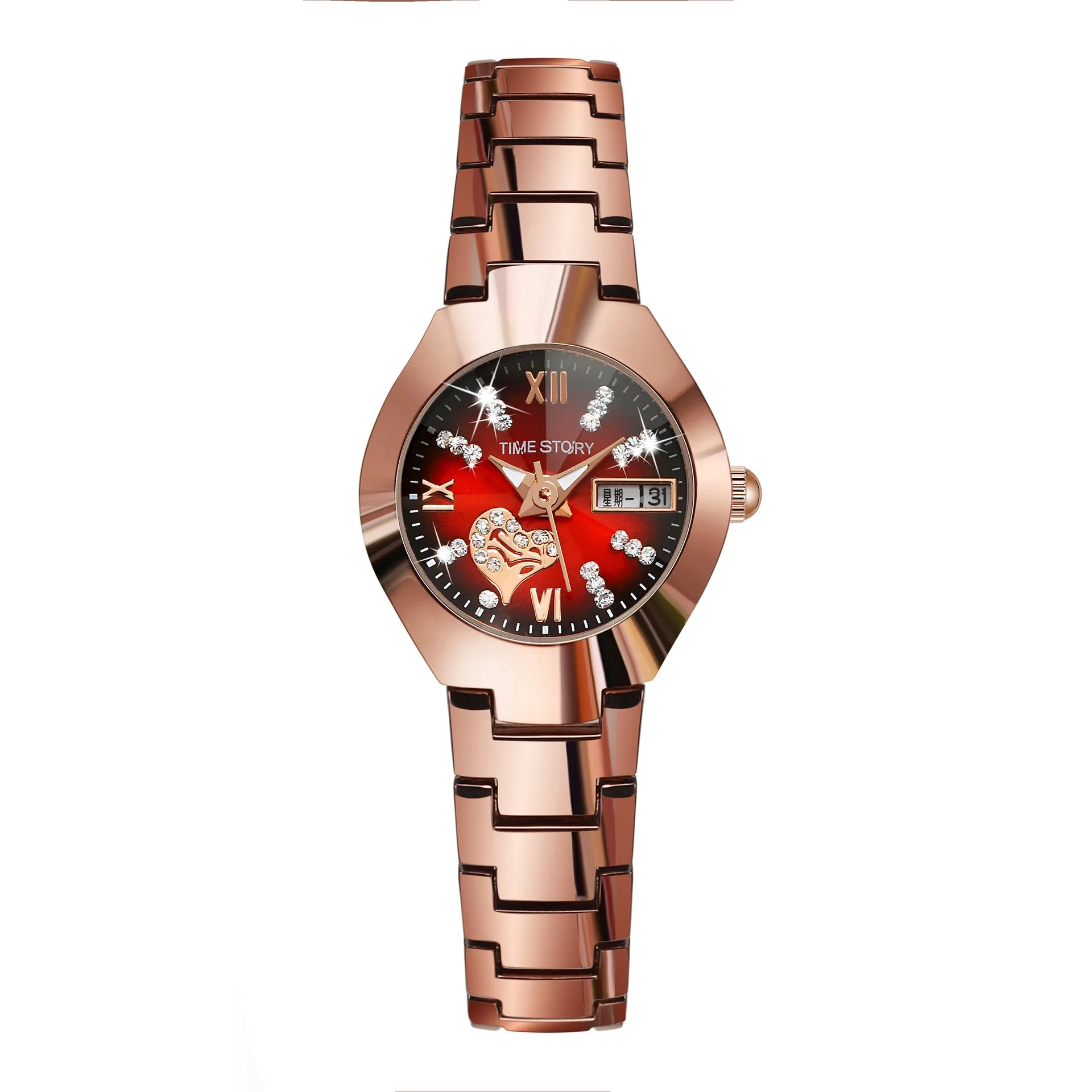 Heart-Shaped Diamond Double Calendar Women's Waterproof Quartz Watch