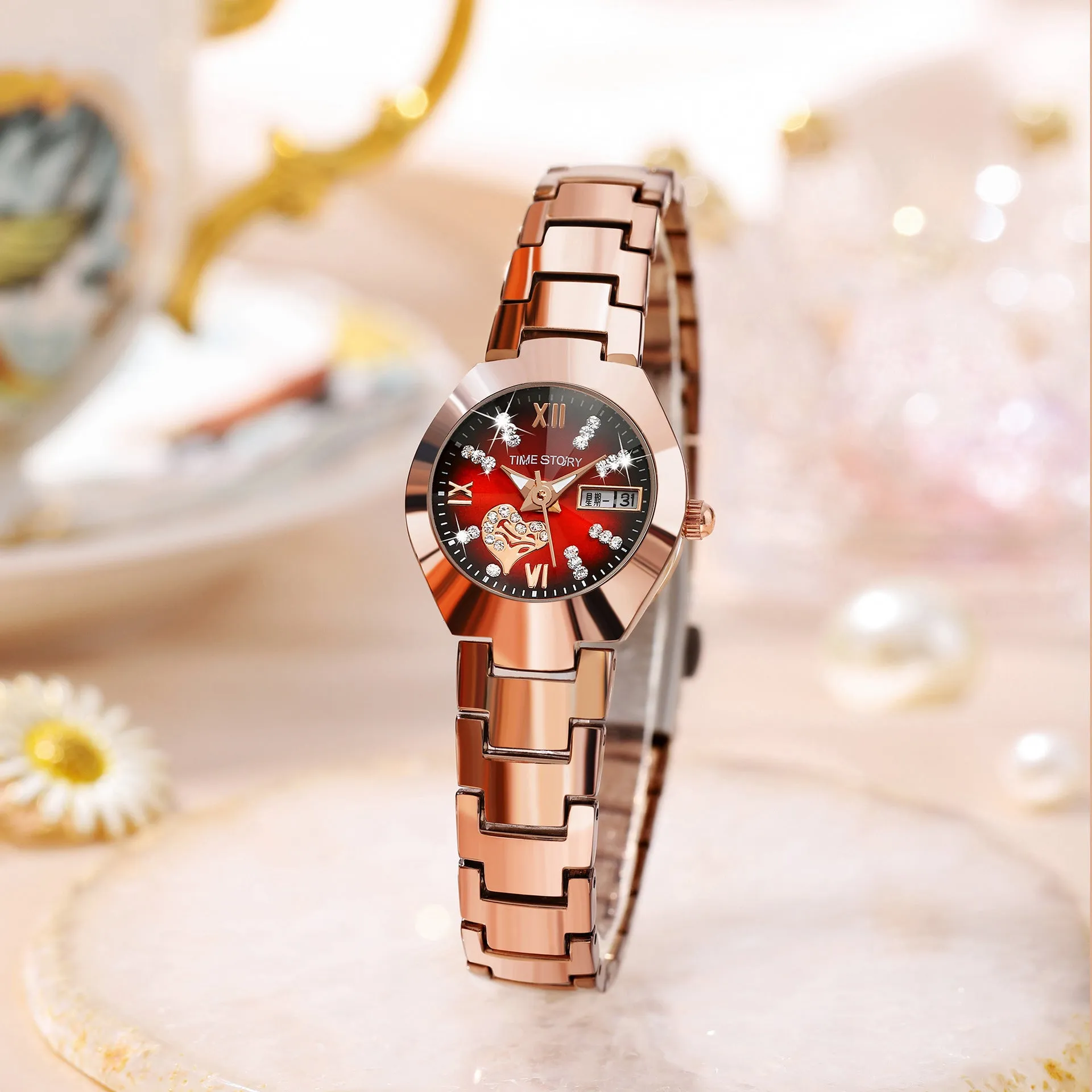 Heart-Shaped Diamond Double Calendar Women's Waterproof Quartz Watch