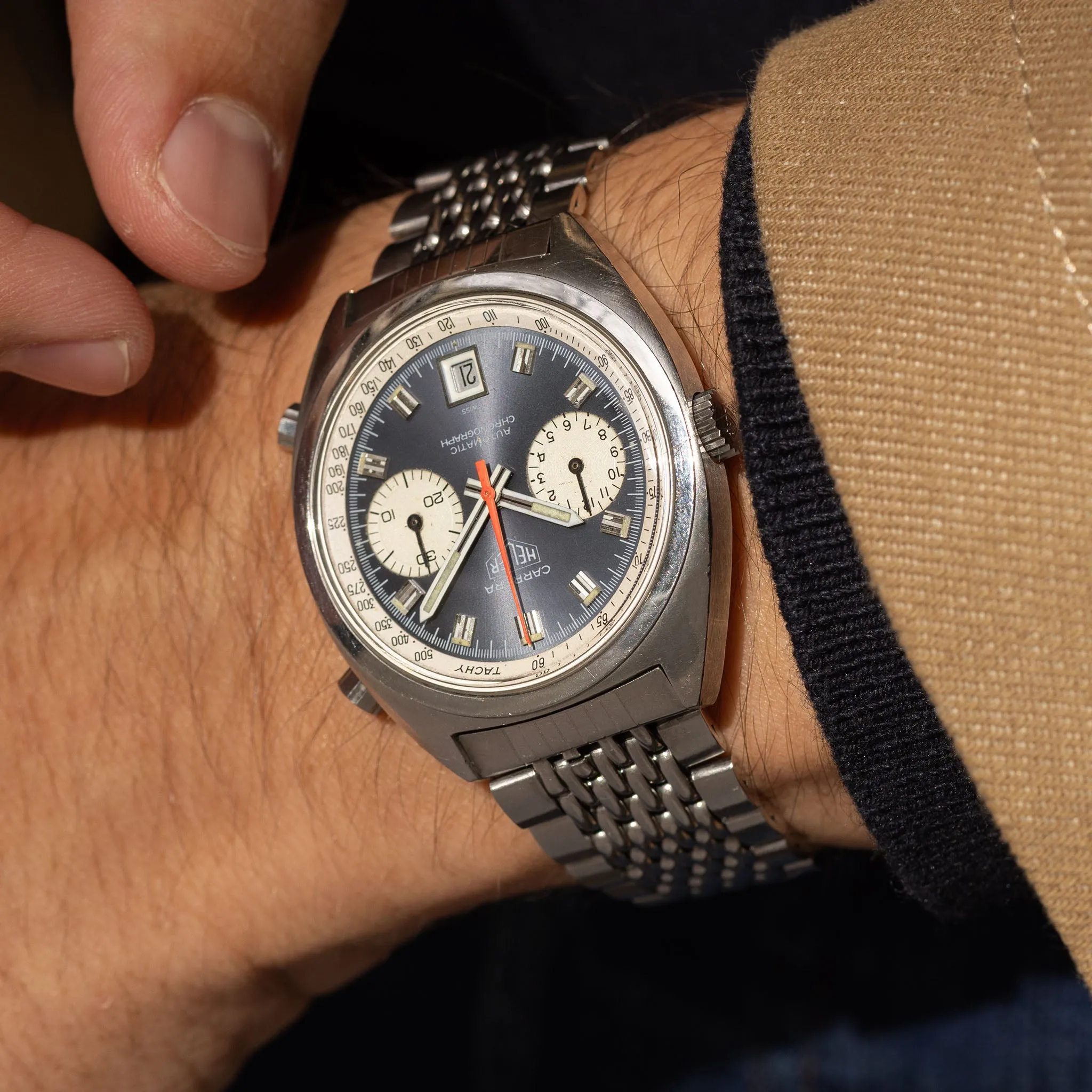 Heuer Carrera Blue Soleil Dial with Original Warranty Paper Ref. 1153N "Mick Jagger"