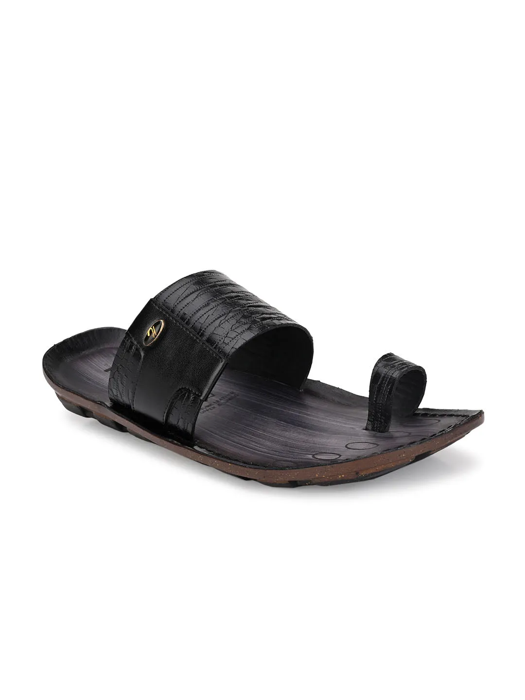 Hitz Men's Black Leather Toe Ring Casual Slippers