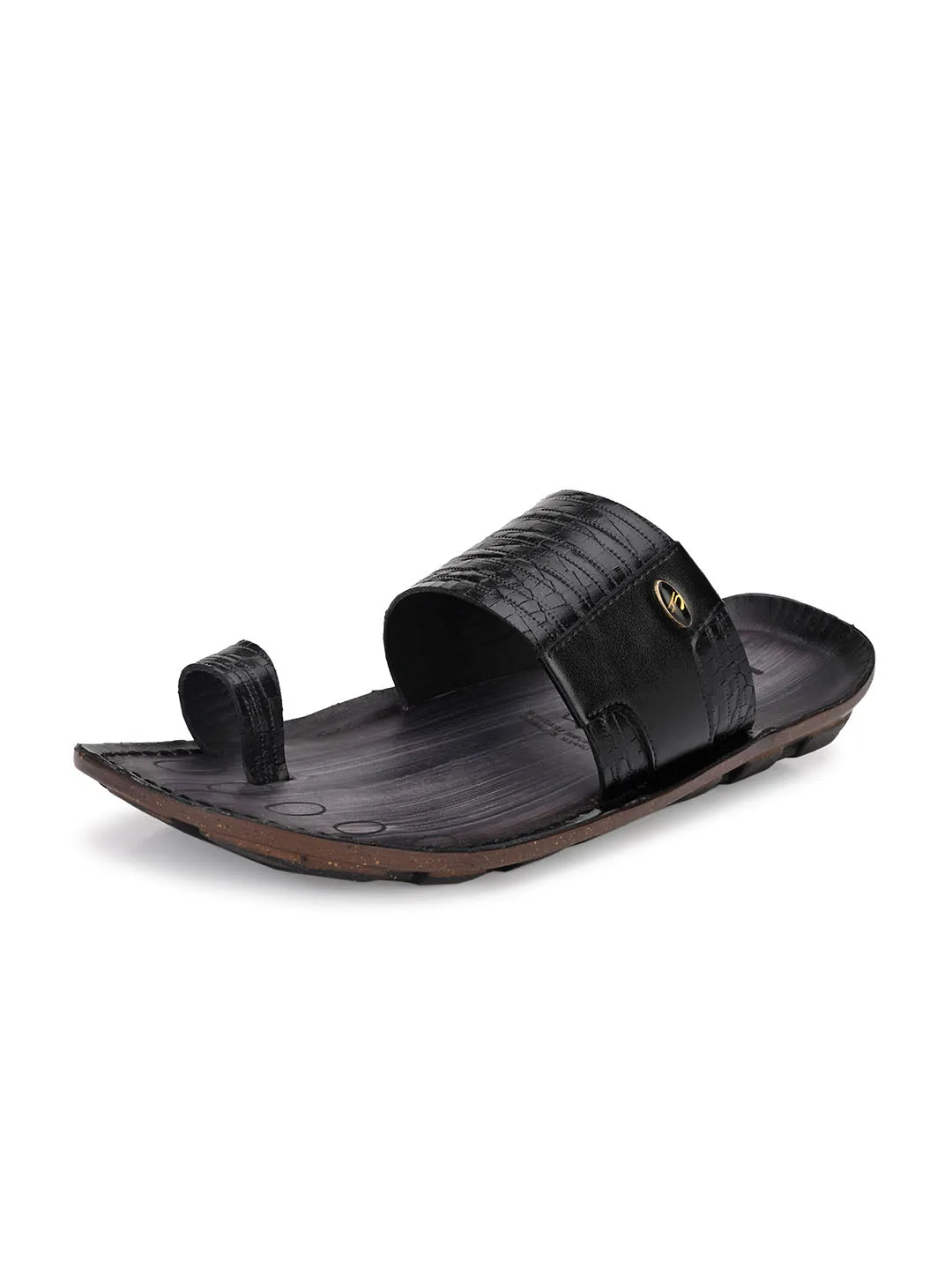 Hitz Men's Black Leather Toe Ring Casual Slippers