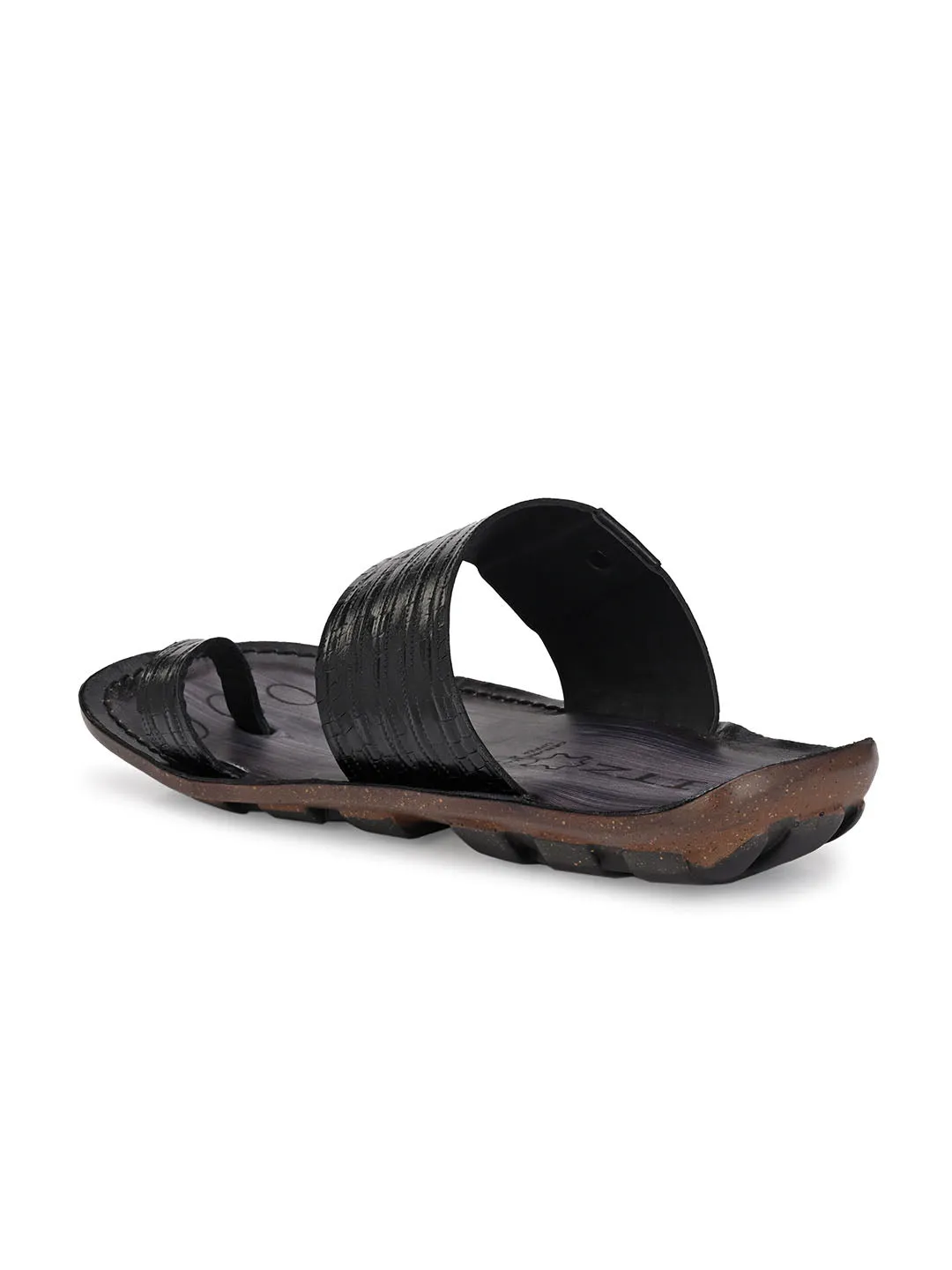 Hitz Men's Black Leather Toe Ring Casual Slippers