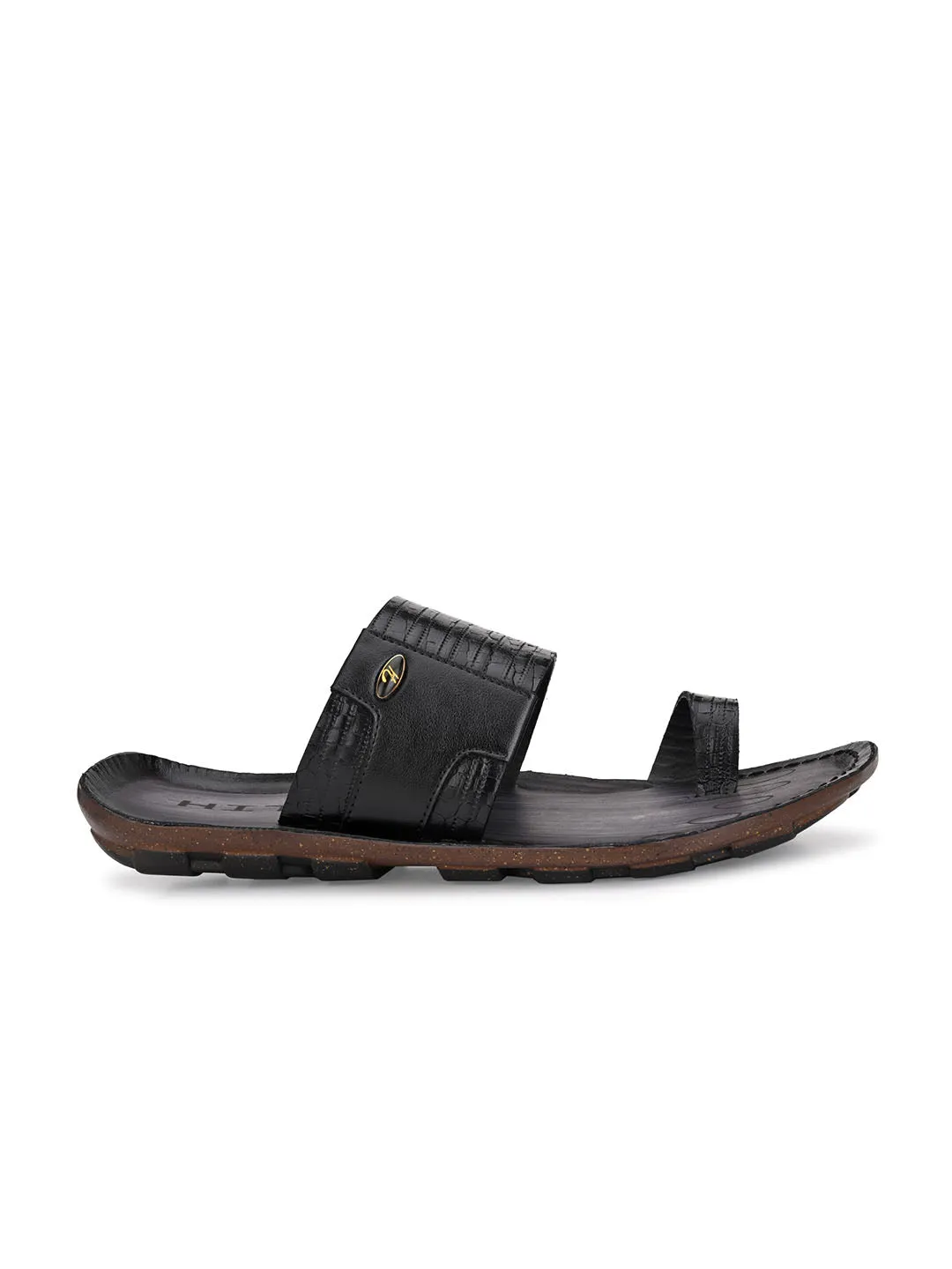 Hitz Men's Black Leather Toe Ring Casual Slippers