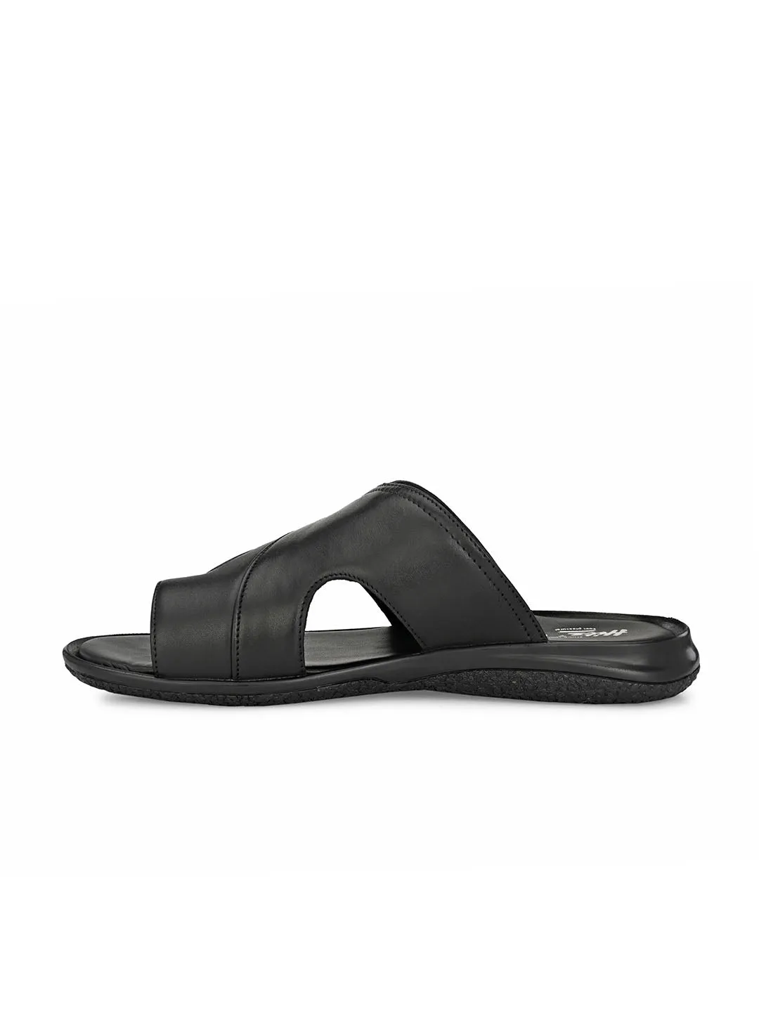 Hitz Men's Black Leather Toe Ring Slippers