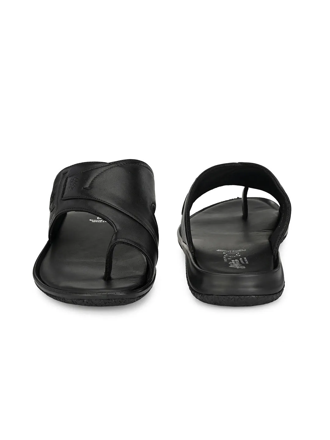 Hitz Men's Black Leather Toe Ring Slippers