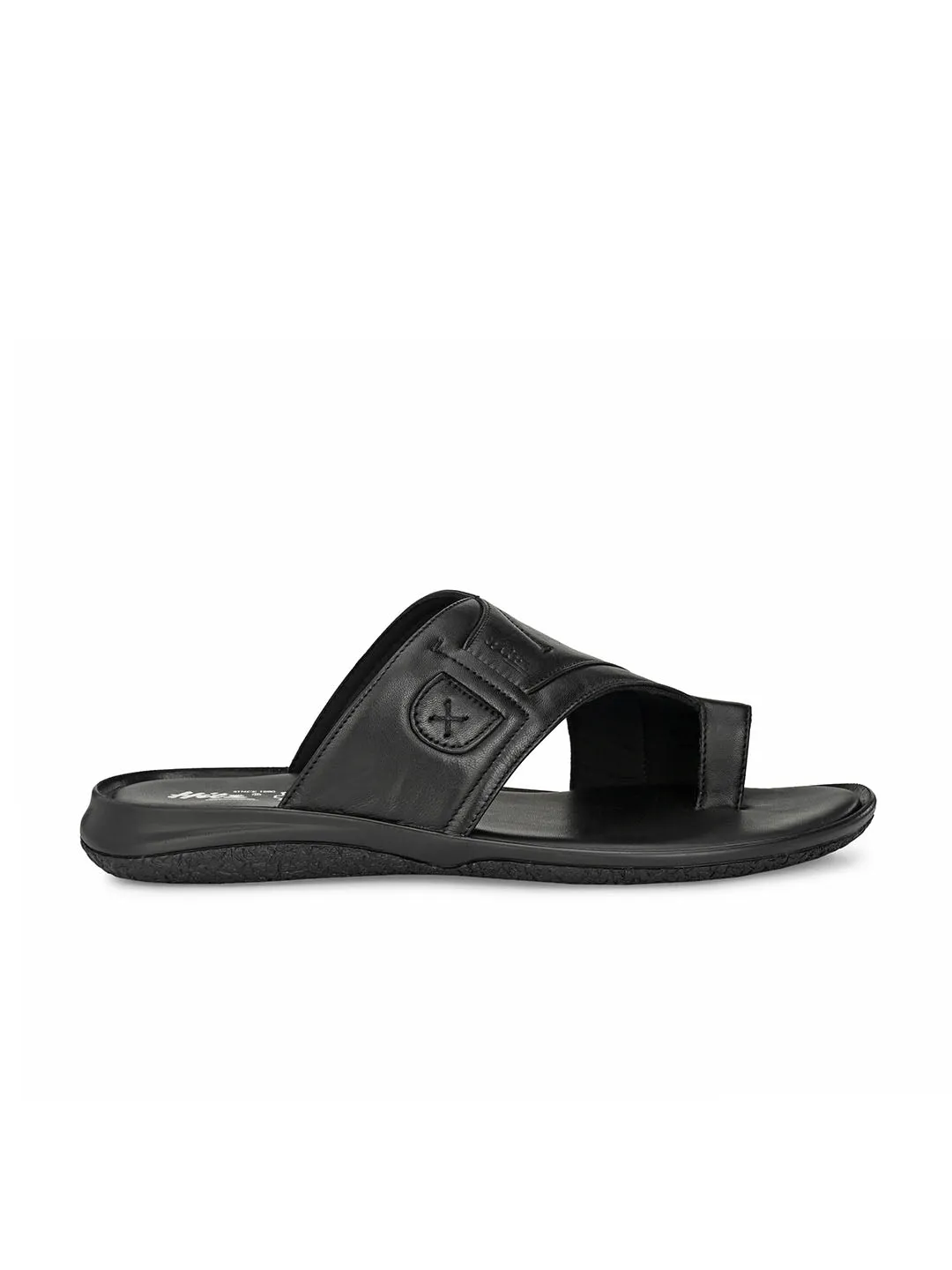 Hitz Men's Black Leather Toe Ring Slippers