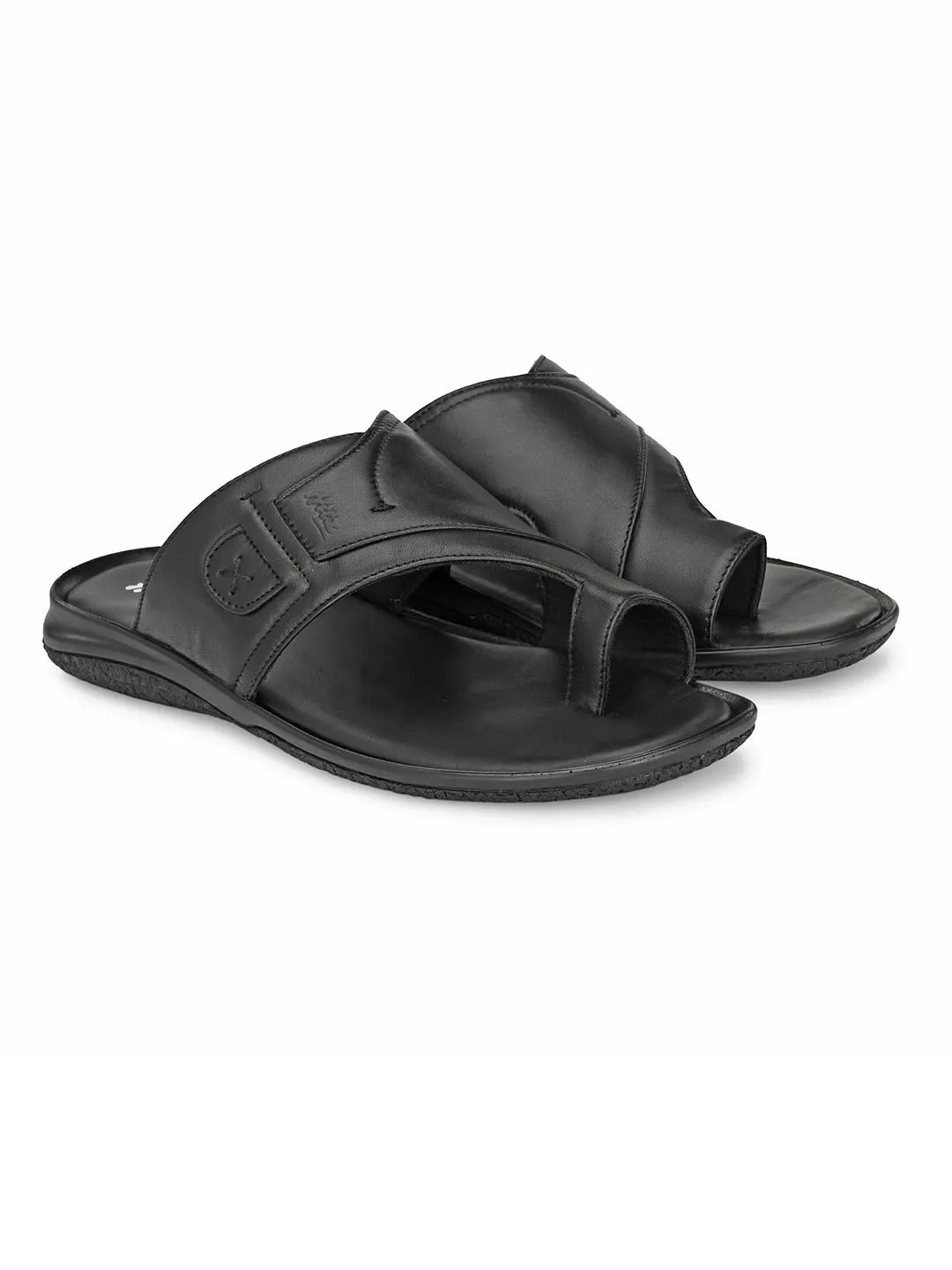 Hitz Men's Black Leather Toe Ring Slippers