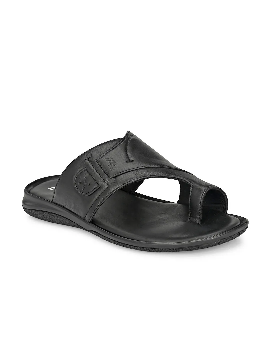 Hitz Men's Black Leather Toe Ring Slippers