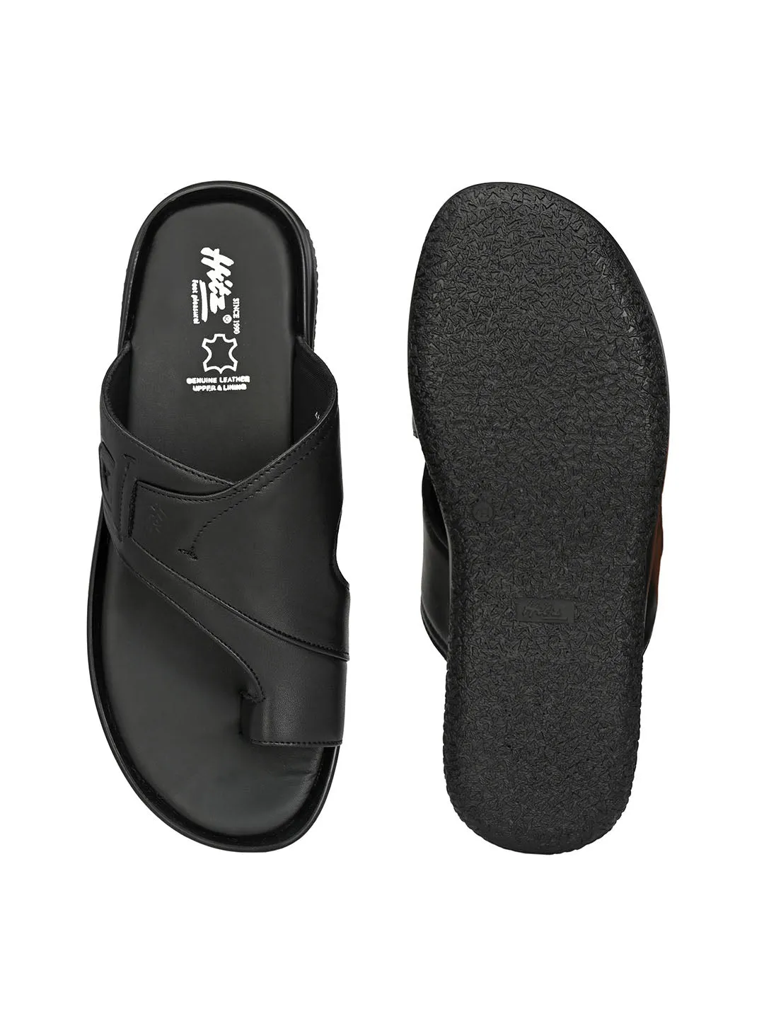 Hitz Men's Black Leather Toe Ring Slippers