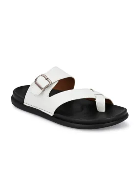 Hitz Men's White Leather Toe-Ring Slippers