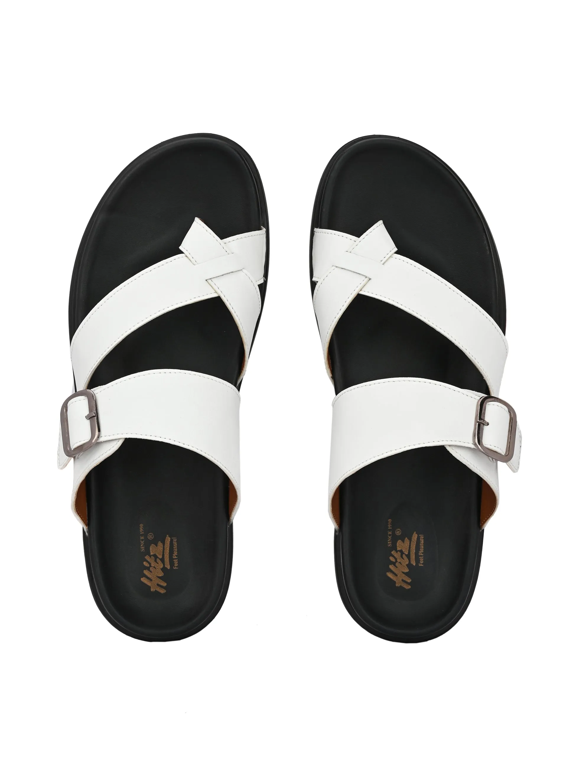 Hitz Men's White Leather Toe-Ring Slippers