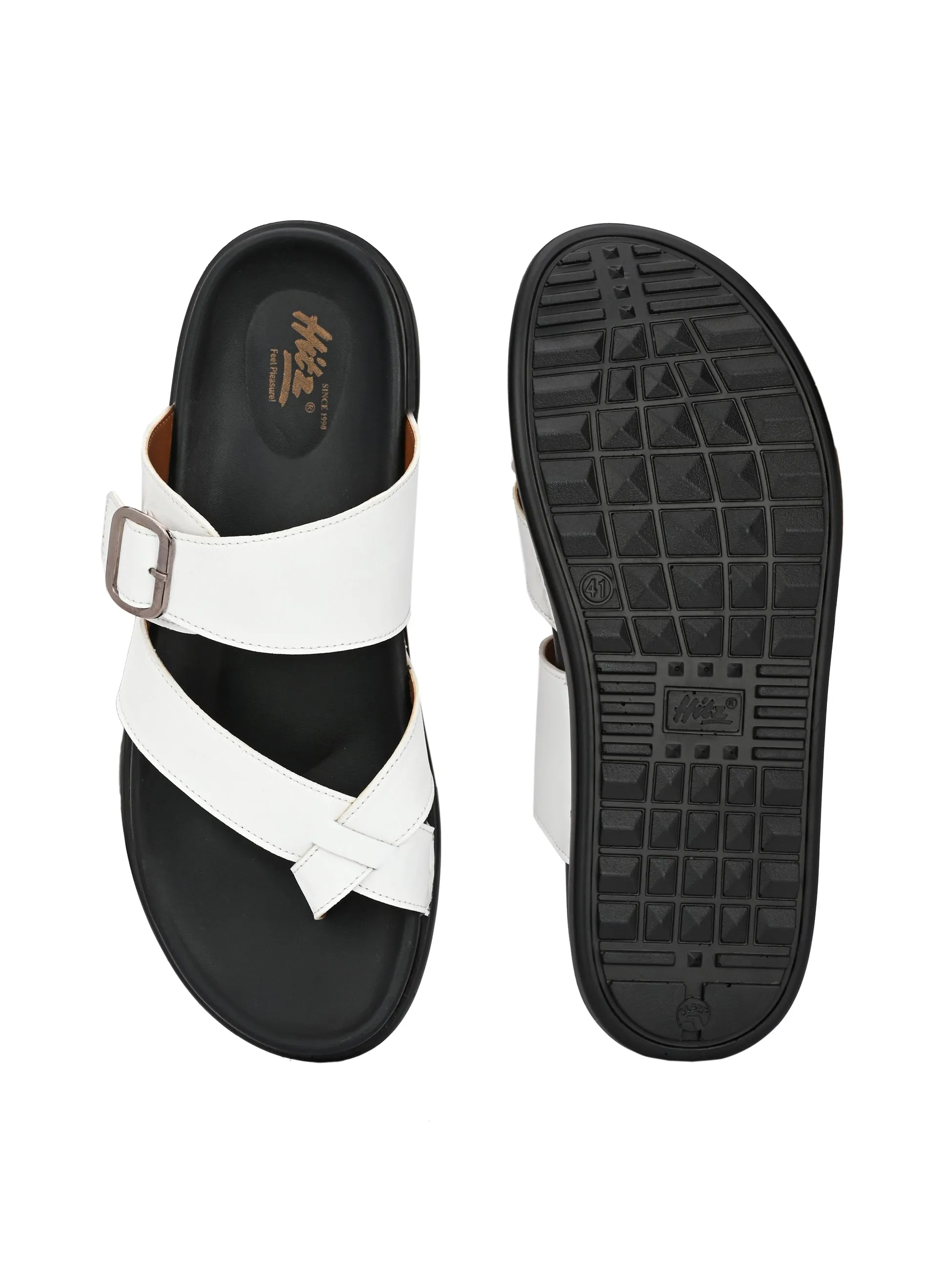 Hitz Men's White Leather Toe-Ring Slippers