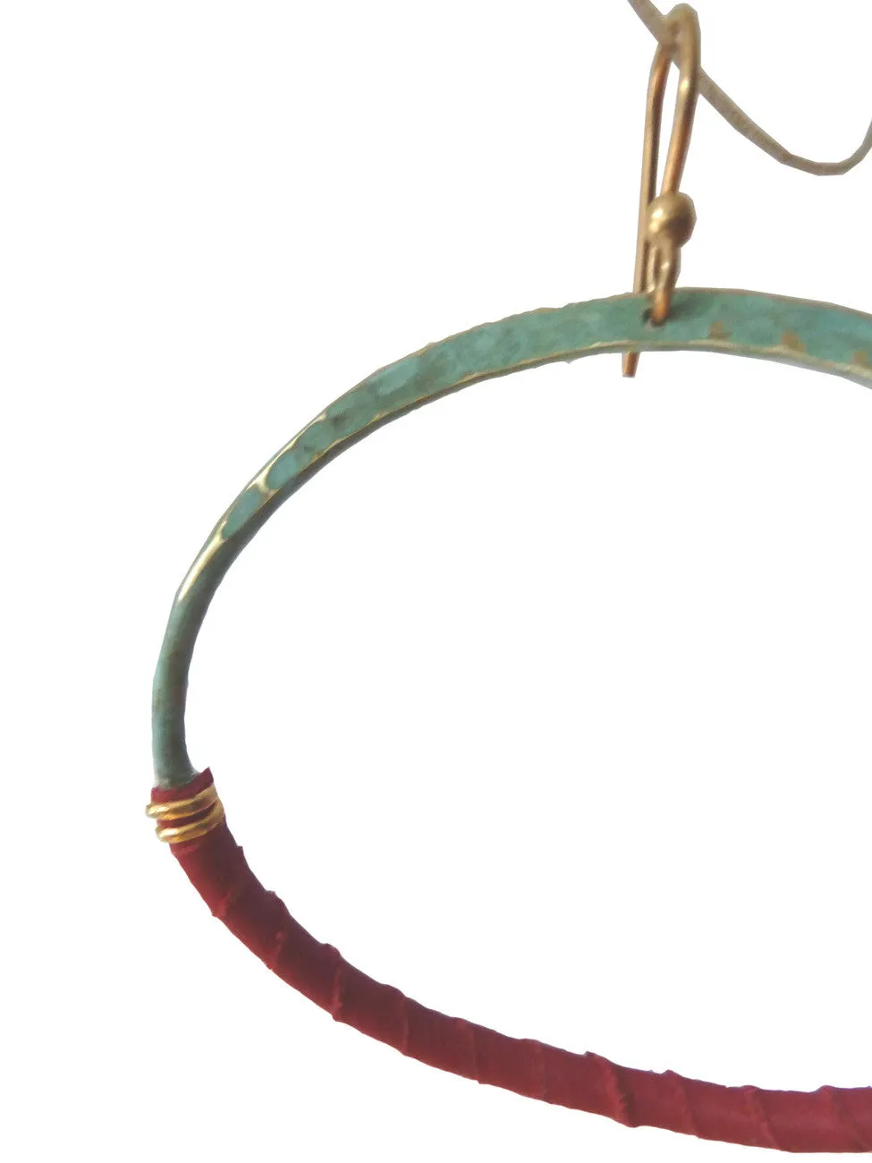 HOOP EARRINGS PATINA AND RED LEATHER SMALL LARGE