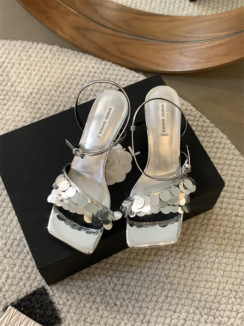 ikearlax Internet Famous Recommended  New HOTan and NEWn Style Fashion Sequins Open Toe High Heels Female Ankle-Strap Buckle Sandals