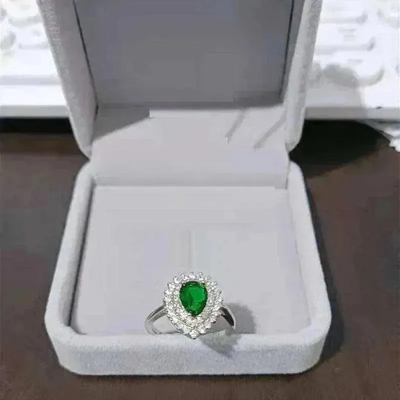 Ins Trendy Heart-shaped Emerald Water Drop Ring Full Diamond