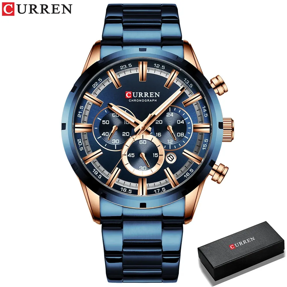 JC - Men’s Business Watch: Curren brand, blue dial, stainless steel, date feature, and waterproof