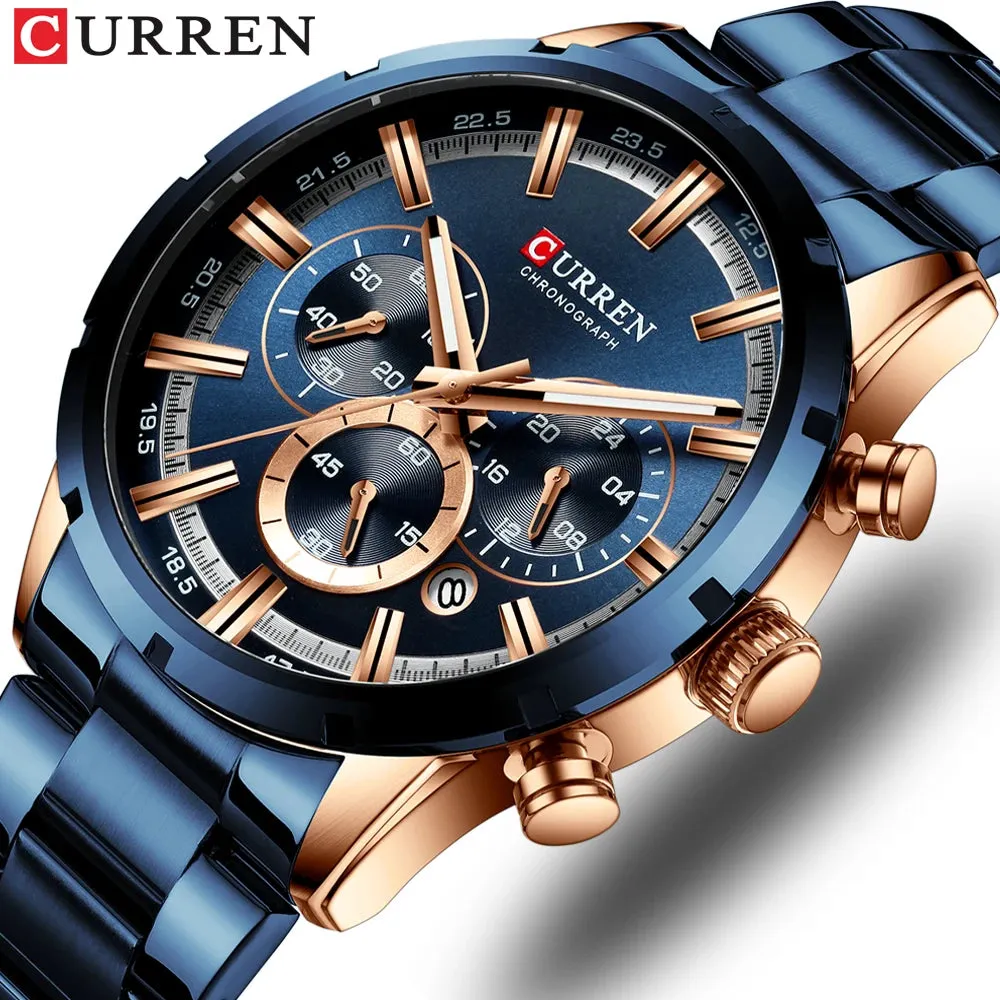 JC - Men’s Business Watch: Curren brand, blue dial, stainless steel, date feature, and waterproof