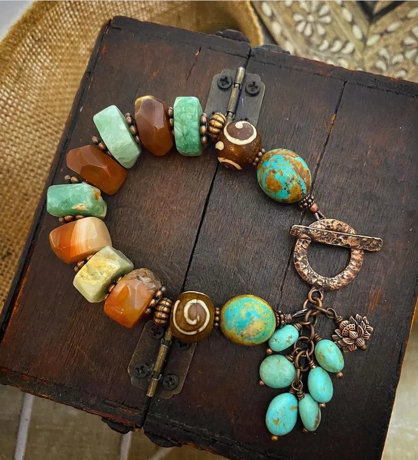 Kingman turquoise, chrysoprase, orange carnelian agate, copper metal, chunky bracelet