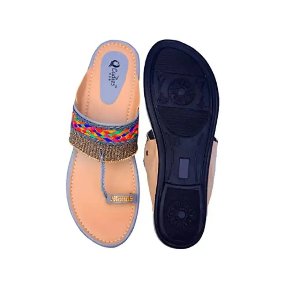 Ladies Hub Kolhapuri Chappal for Women Stylish Flat, Ethnic Slippers & Fashion Sandals Girls, Light Grey