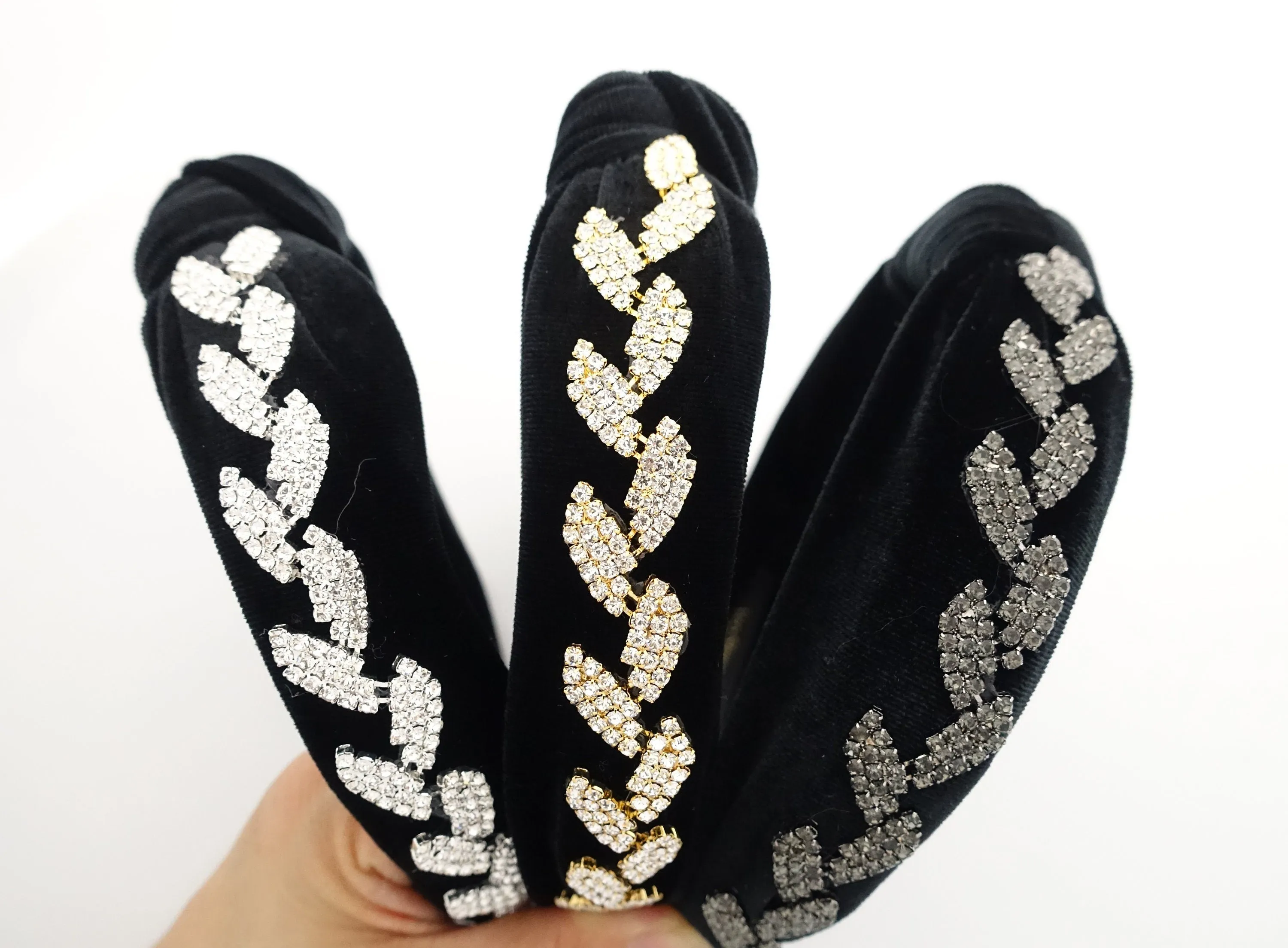 leaf rhinestone embellished  knotted hairband luxury black velvet dazzling womens headband