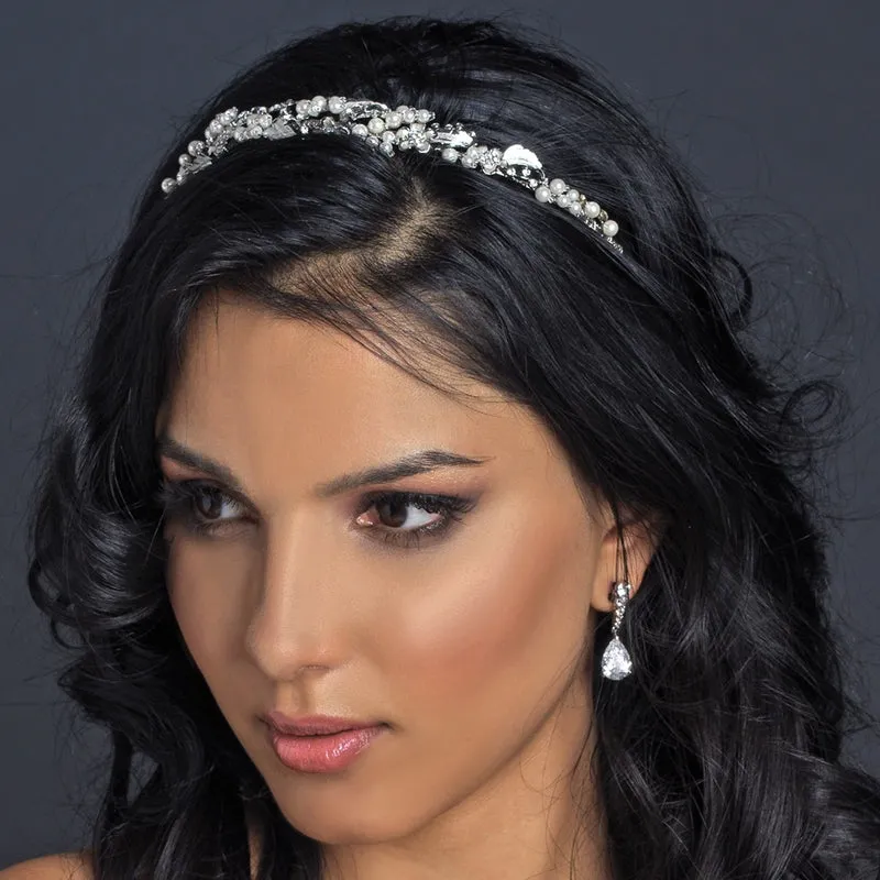 Light Gold or Silver Pearl & Crystal Floral Bridal Headband