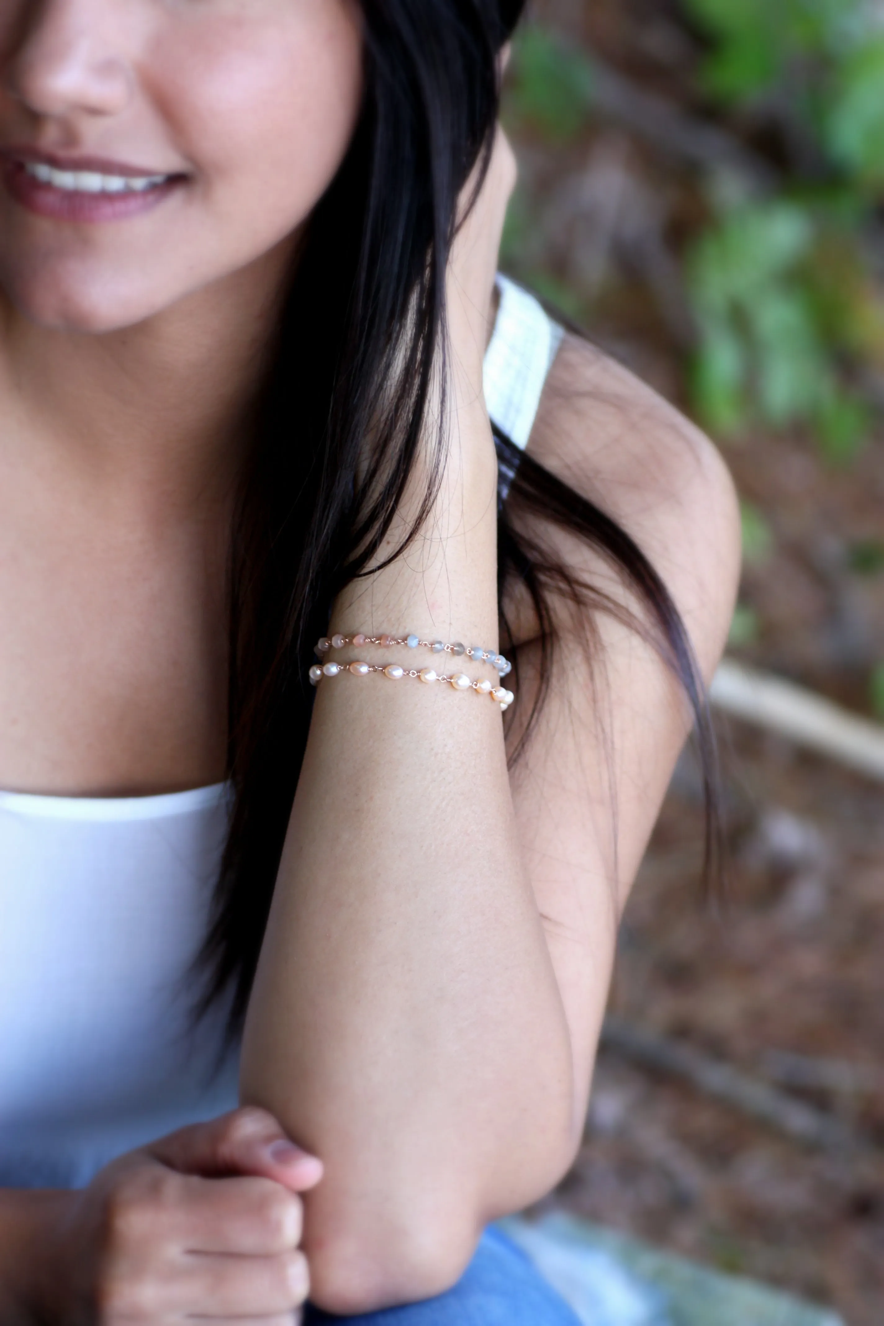 Light Grey Pearl Bracelet in Wire Wrapped Silver