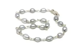 Light Grey Pearl Bracelet in Wire Wrapped Silver