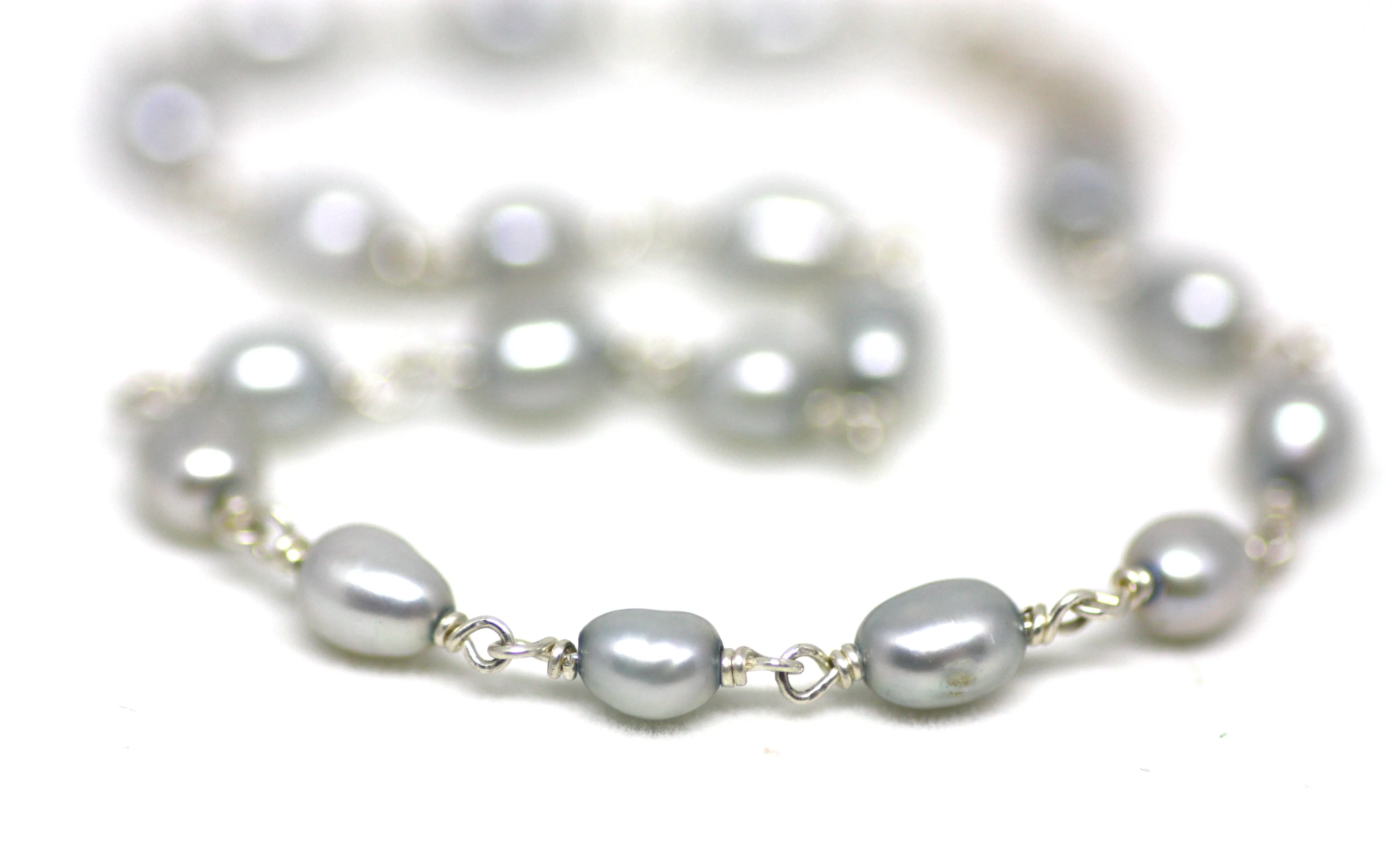 Light Grey Pearl Bracelet in Wire Wrapped Silver