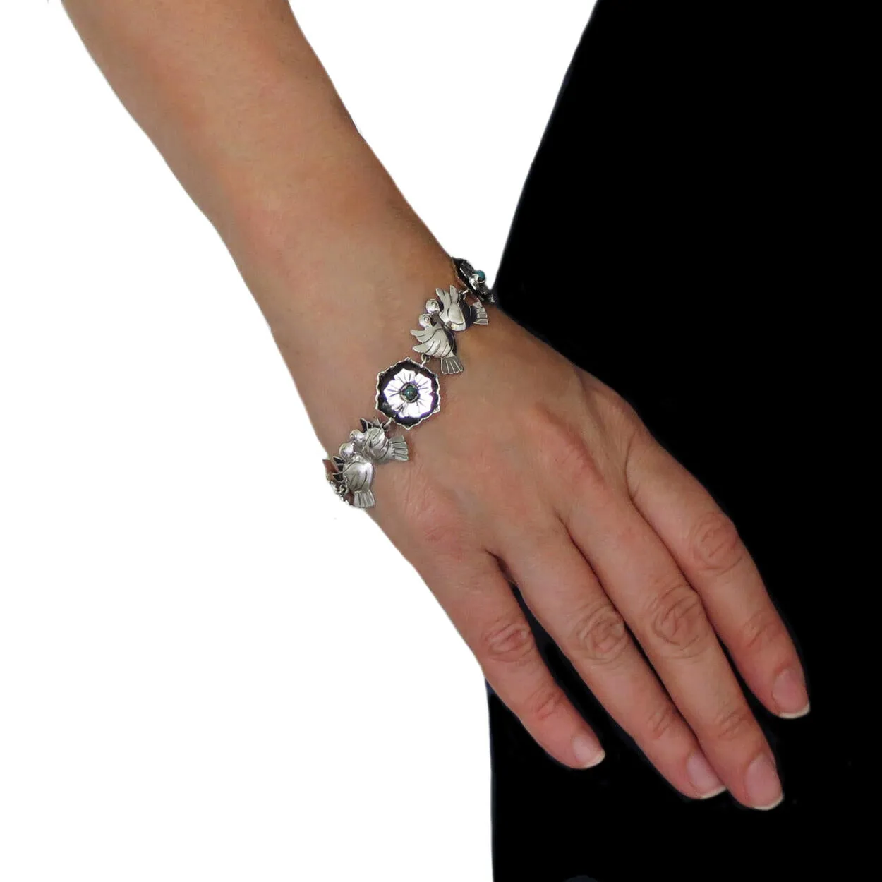 Maria Belen Sterling Silver Lovebirds and Flowers Bracelet