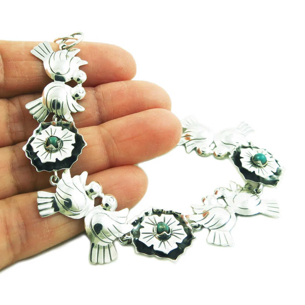 Maria Belen Sterling Silver Lovebirds and Flowers Bracelet