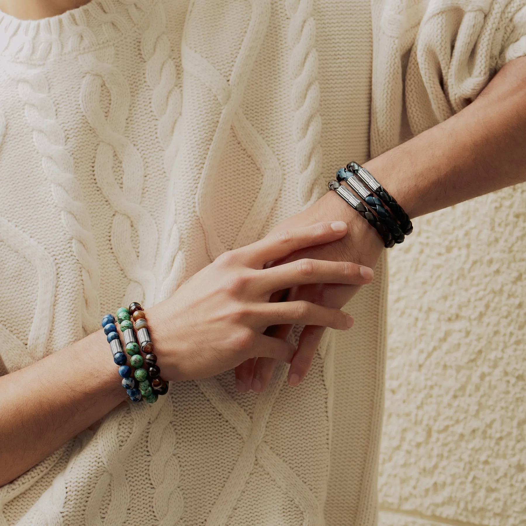 Maxi Pop Beaded Bracelet in Rhodium Silver with Green African Turquoise