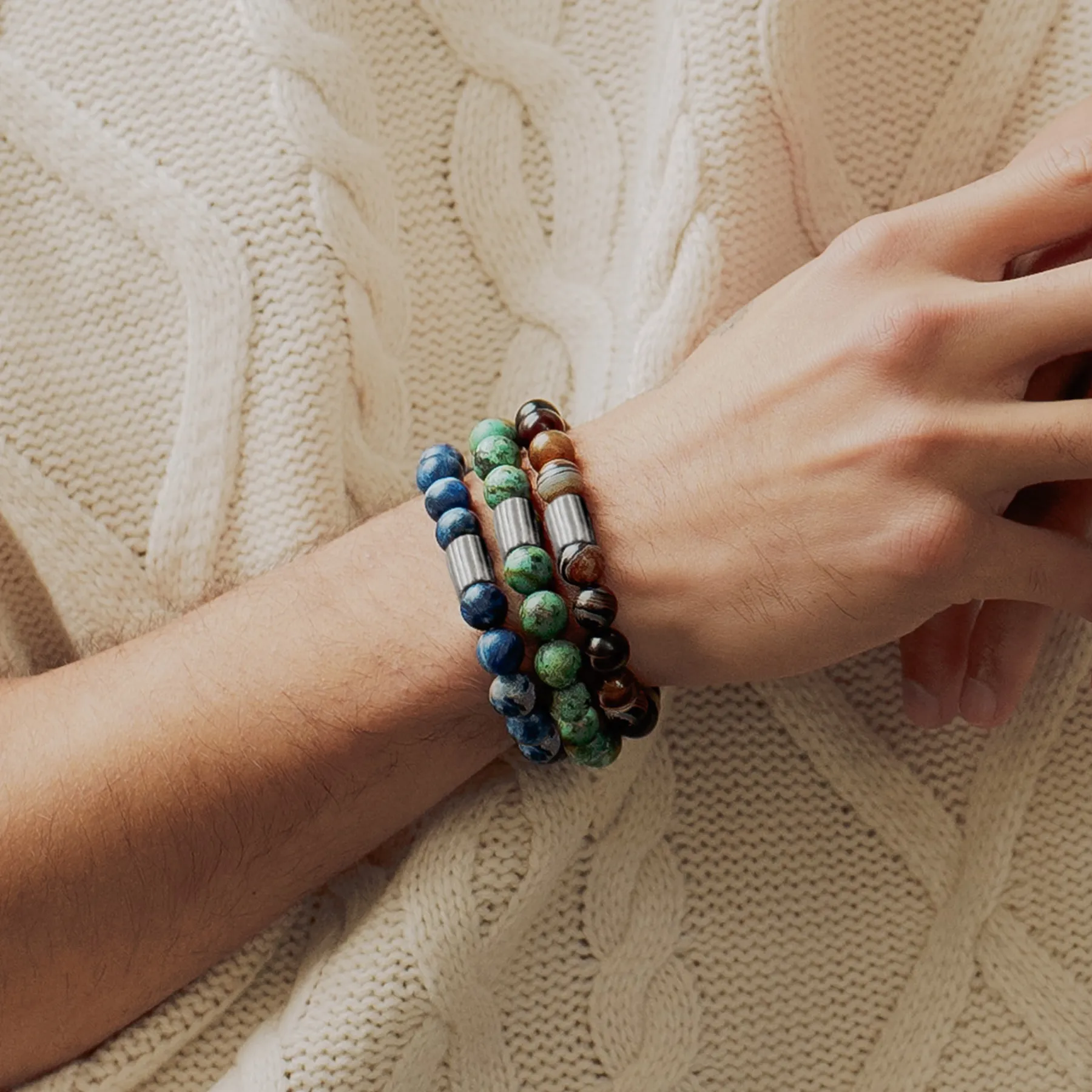 Maxi Pop Beaded Bracelet in Rhodium Silver with Green African Turquoise