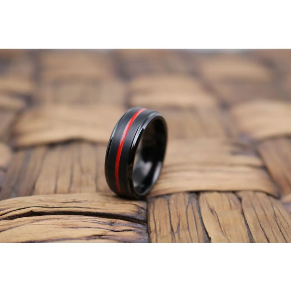 Men's Black Tungsten Carbide Wedding Band With Fire Red Grooved Center 6mm - 8mm