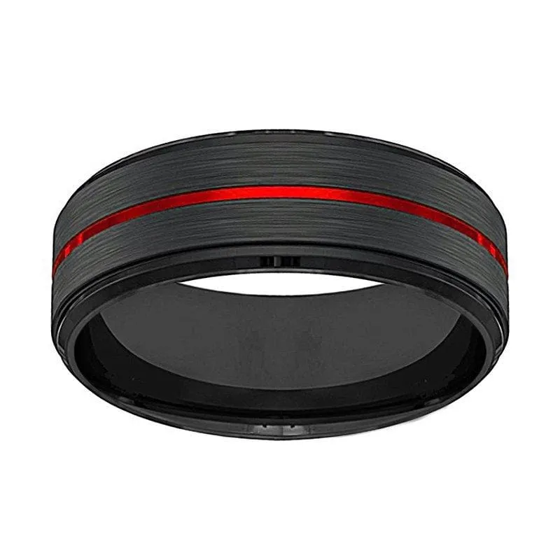 Men's Black Tungsten Carbide Wedding Band With Fire Red Grooved Center 6mm - 8mm