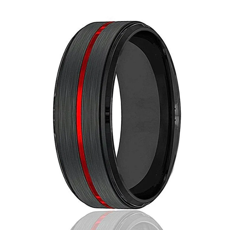 Men's Black Tungsten Carbide Wedding Band With Fire Red Grooved Center 6mm - 8mm