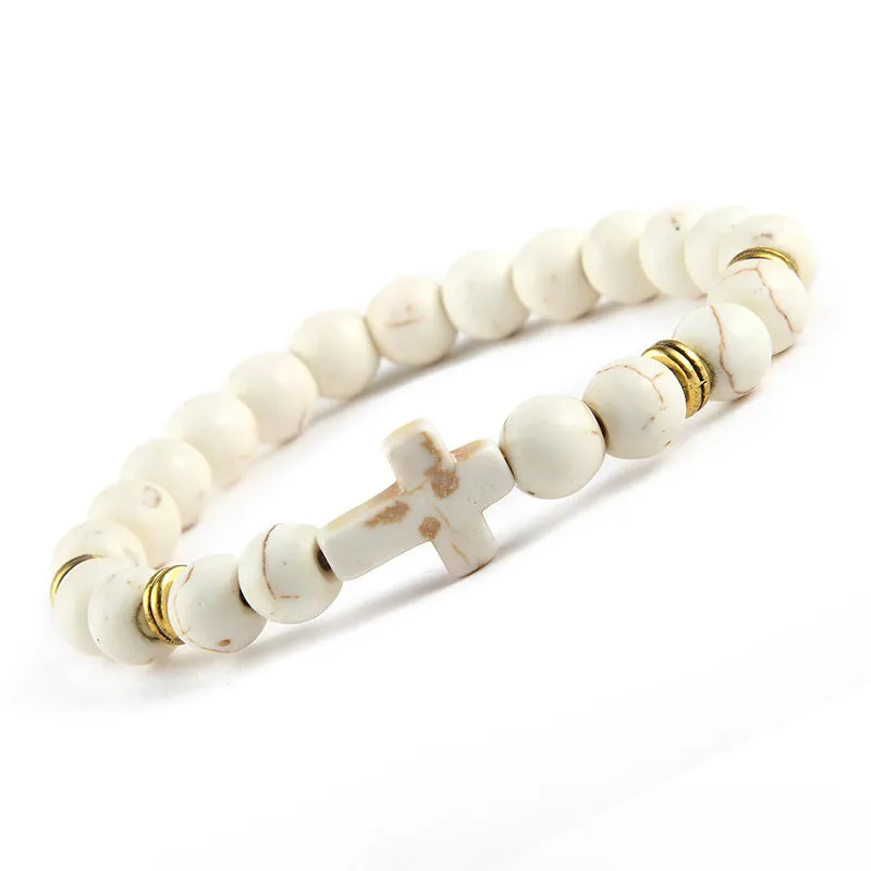 Men's Natural Stone Cross Bead Bracelet