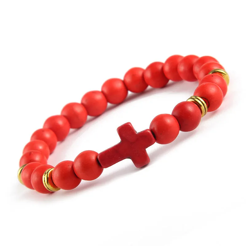 Men's Natural Stone Cross Bead Bracelet