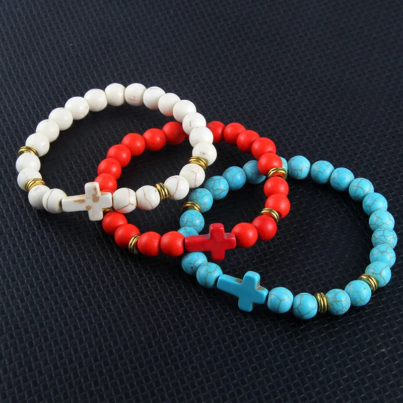 Men's Natural Stone Cross Bead Bracelet